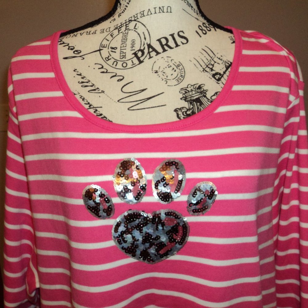 Quacker Factory Women's Plus 3X Striped Long Sleeve Top Shirt Pink White Paw